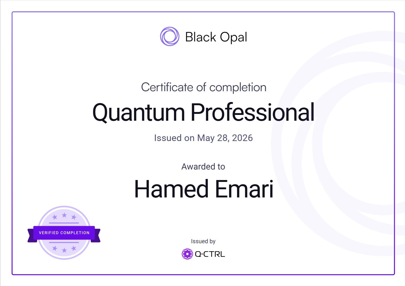 Black Opal Quantum Professional certificate awarded to Hamed Emari