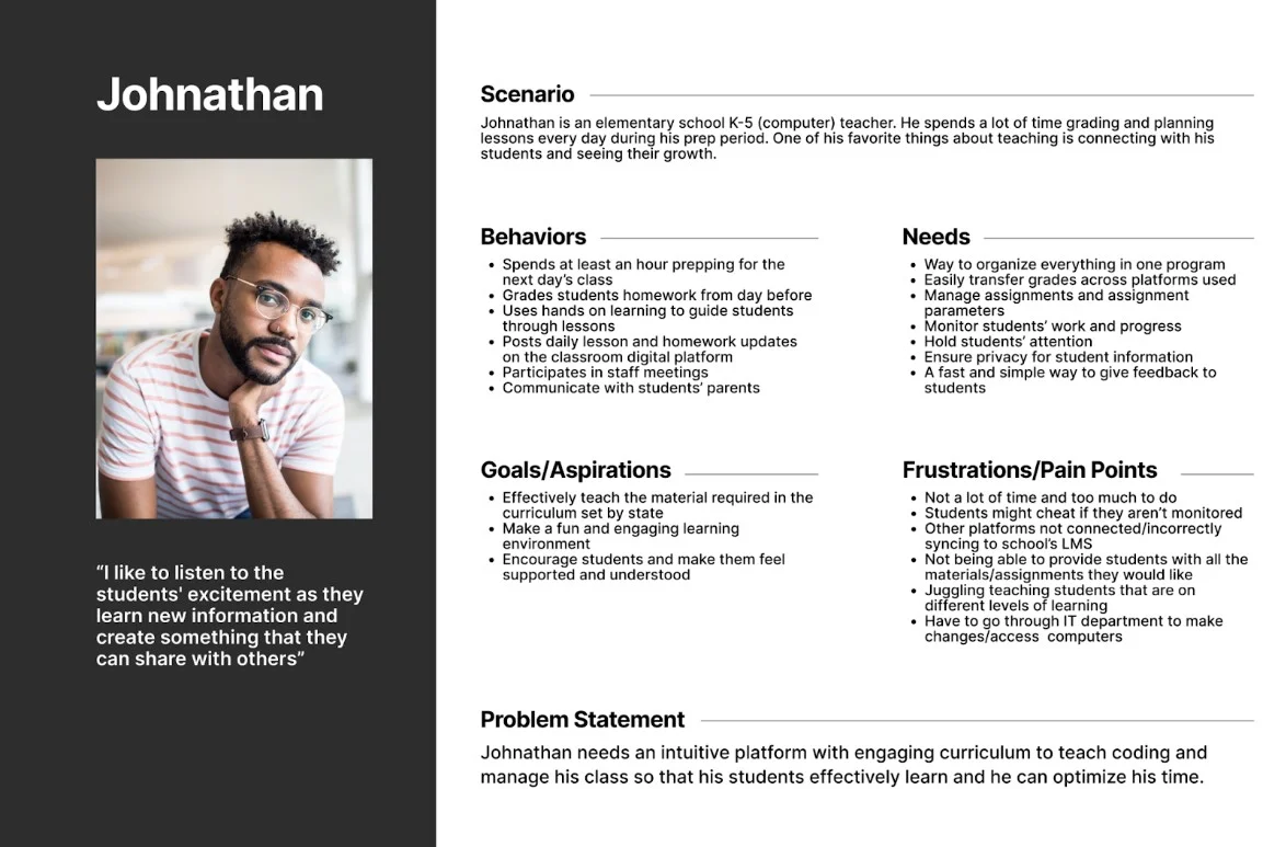 Teacher persona named Johnathan with goals, needs, behaviors, and pain points