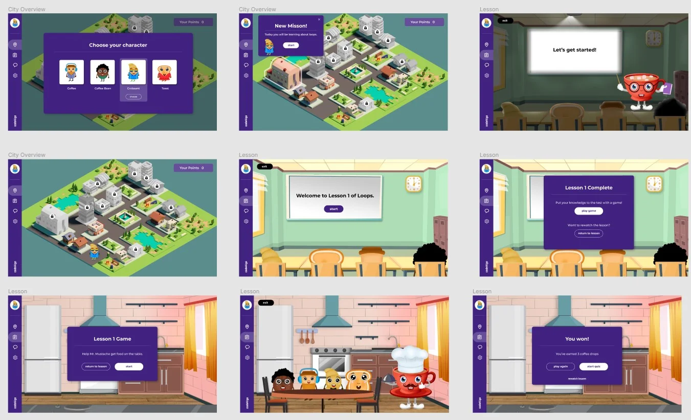 Colorful student portal screens with missions, characters, lessons, and games