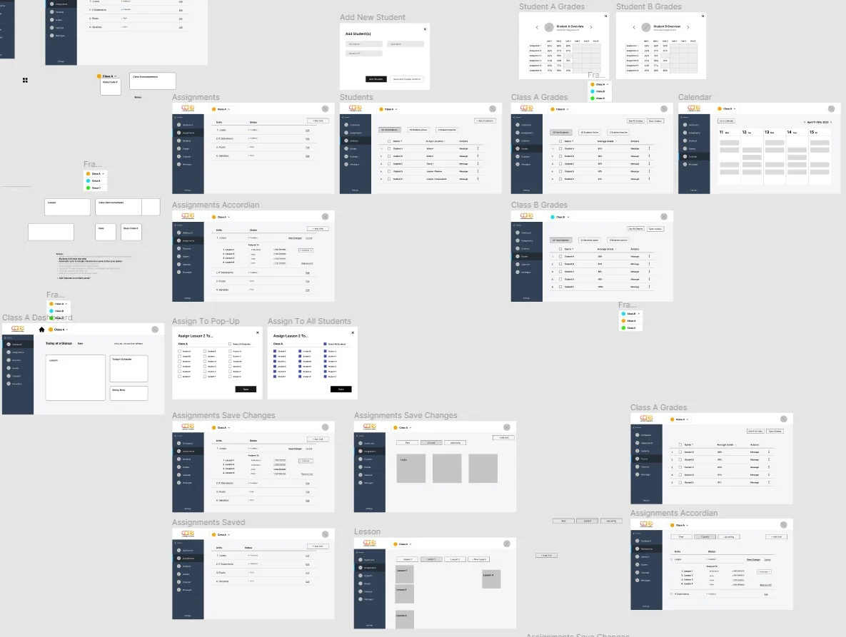 Collection of grayscale teacher dashboard wireframes